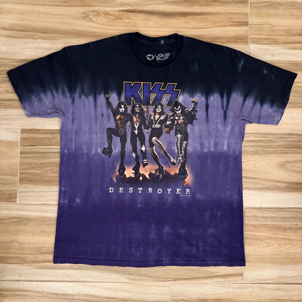 VTG Style Liquid Blue KISS Destroyer Tie Dye T Shirt XL 2005 Artwork Band Tee